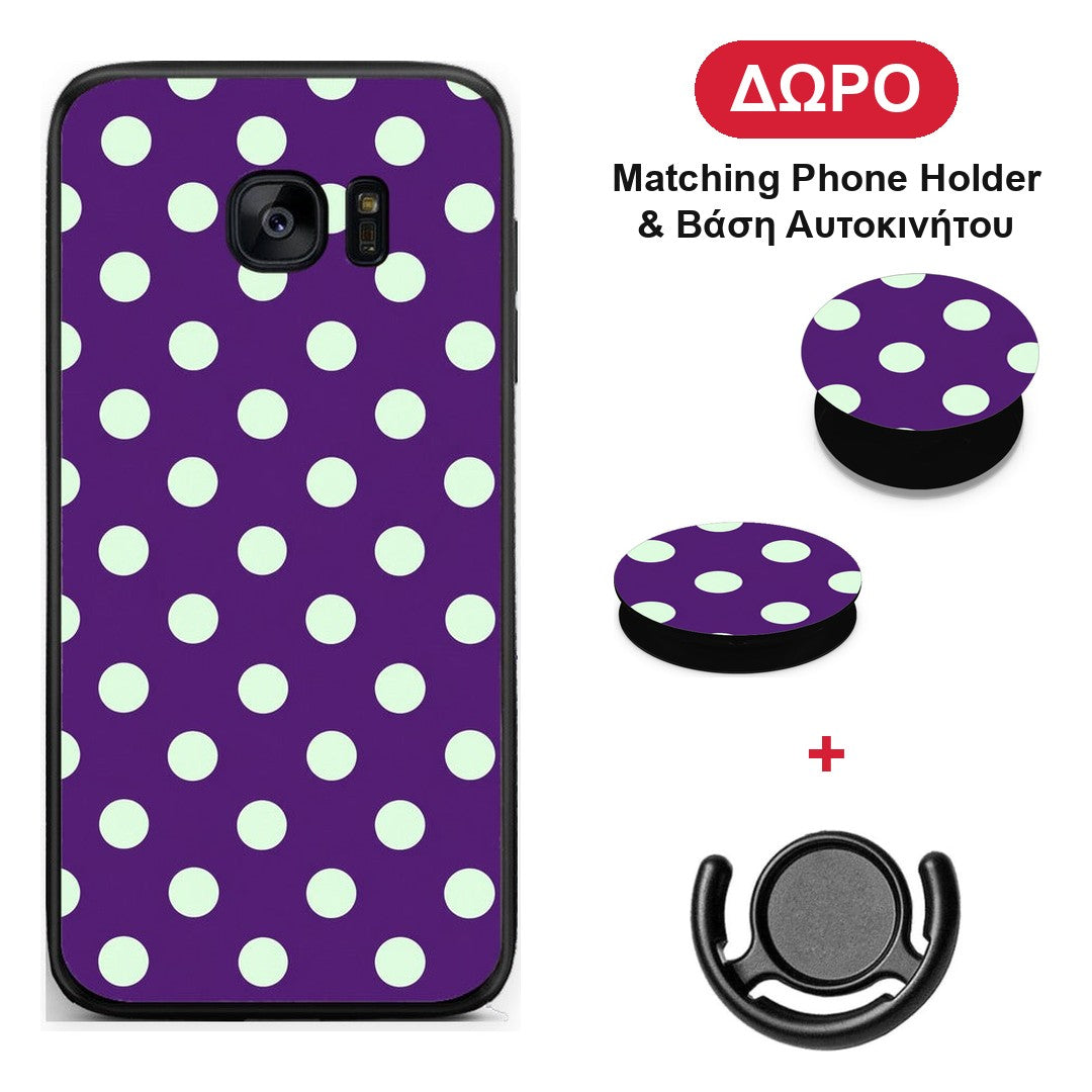 Mint Polka Dots on Purple - Samsung Galaxy S7 Edge θήκη + Δώρο Phone Holder & Βάση Αυτοκινήτου