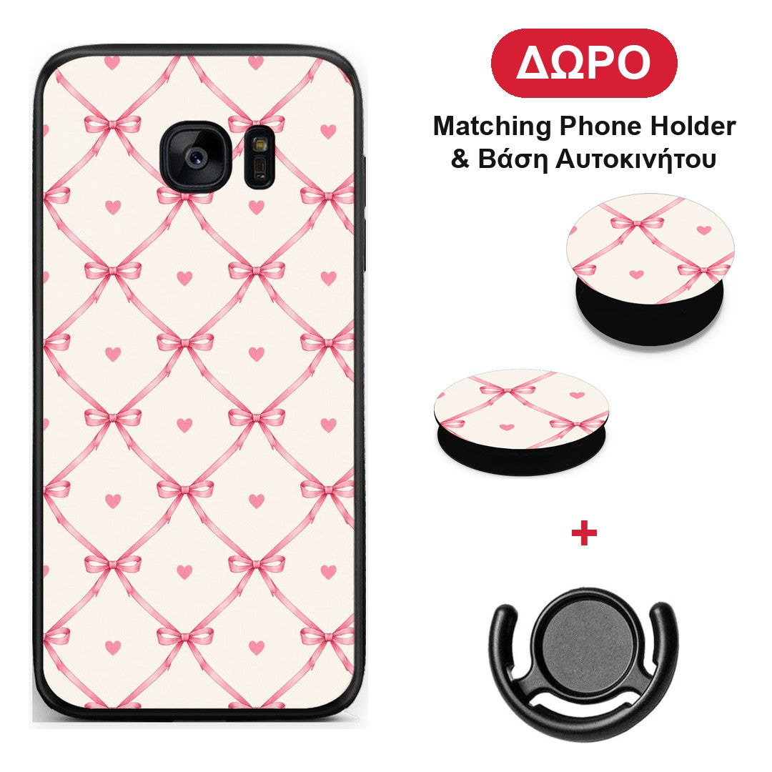 Pink Bow Lattice and Hearts on Cream - Samsung Galaxy S7 Edge θήκη + Δώρο Phone Holder & Βάση Αυτοκινήτου