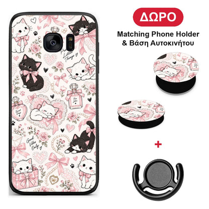 Pink Bows and Kittens Collage - Samsung Galaxy S7 Edge θήκη + Δώρο Phone Holder & Βάση Αυτοκινήτου