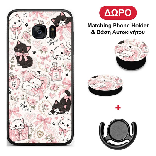 Pink Bows and Kittens Collage - Samsung Galaxy S7 Edge θήκη + Δώρο Phone Holder & Βάση Αυτοκινήτου