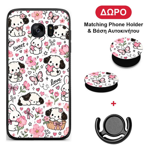 Pink Florals Puppies and Bunnies on White - Samsung Galaxy S7 Edge θήκη + Δώρο Phone Holder & Βάση Αυτοκινήτου