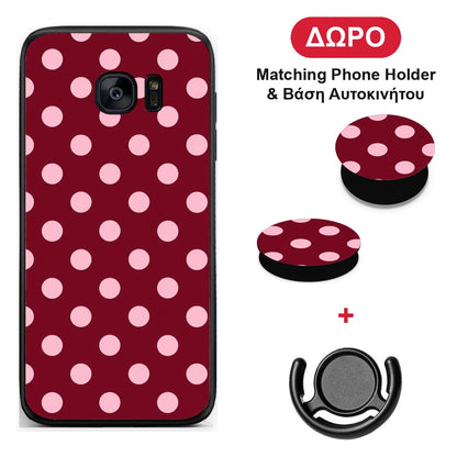 Pink Polka Dots on Burgundy - Samsung Galaxy S7 Edge θήκη + Δώρο Phone Holder & Βάση Αυτοκινήτου
