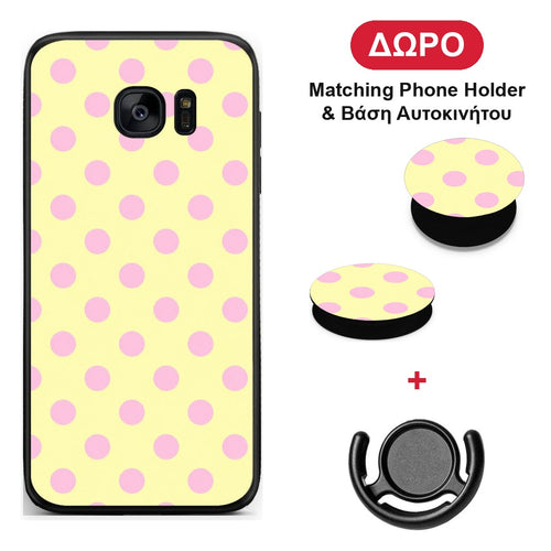 Pink Polka Dots on Yellow - Samsung Galaxy S7 Edge θήκη + Δώρο Phone Holder & Βάση Αυτοκινήτου