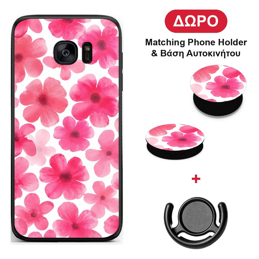 Pink Watercolour Flowers on White - Samsung Galaxy S7 Edge θήκη + Δώρο Phone Holder & Βάση Αυτοκινήτου