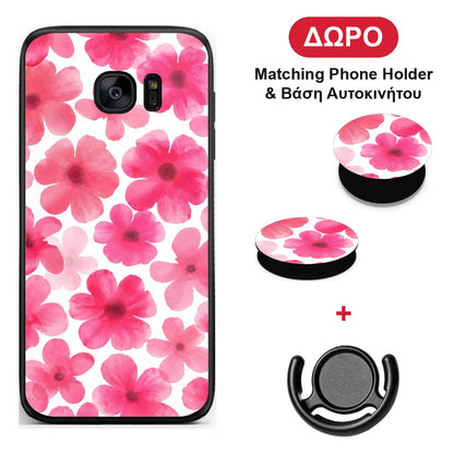 Pink Watercolour Flowers on White - Samsung Galaxy S7 Edge θήκη + Δώρο Phone Holder & Βάση Αυτοκινήτου
