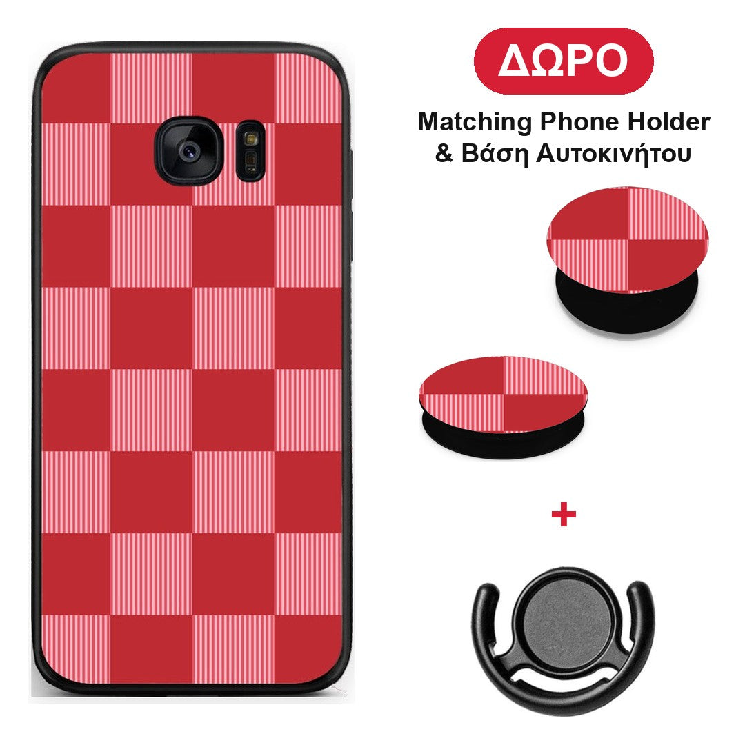 Red and Pink Striped Checks - Samsung Galaxy S7 Edge θήκη + Δώρο Phone Holder & Βάση Αυτοκινήτου