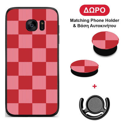 Red and Pink Striped Checks - Samsung Galaxy S7 Edge θήκη + Δώρο Phone Holder & Βάση Αυτοκινήτου