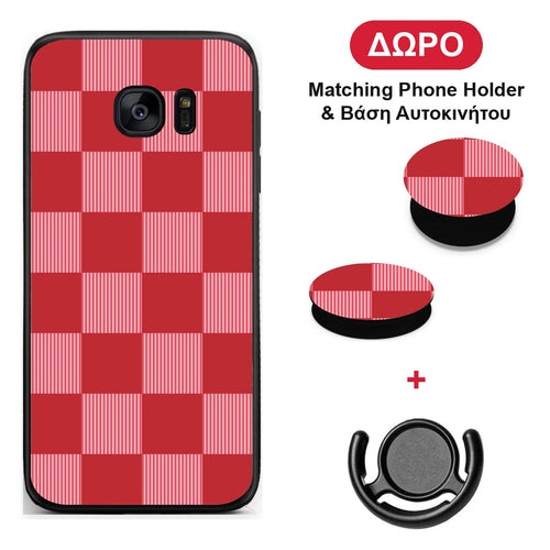 Red and Pink Striped Checks - Samsung Galaxy S7 Edge θήκη + Δώρο Phone Holder & Βάση Αυτοκινήτου
