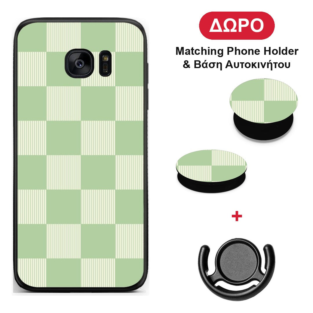 Sage and Cream Striped Checks - Samsung Galaxy S7 Edge θήκη + Δώρο Phone Holder & Βάση Αυτοκινήτου