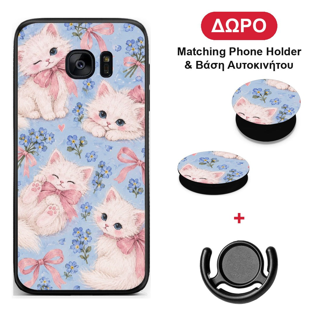 White Kittens and Blue Flowers Large - Samsung Galaxy S7 Edge θήκη + Δώρο Phone Holder & Βάση Αυτοκινήτου