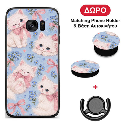 White Kittens and Blue Flowers Large - Samsung Galaxy S7 Edge θήκη + Δώρο Phone Holder & Βάση Αυτοκινήτου