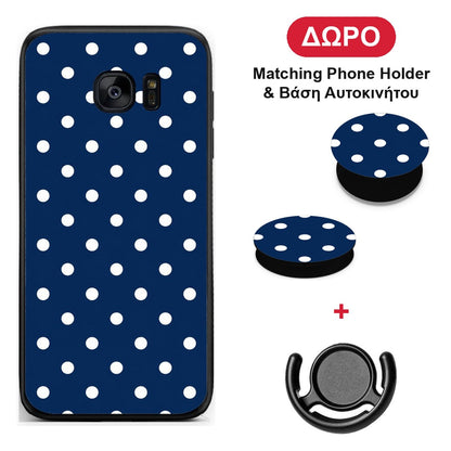 White Small Polka Dots on Navy - Samsung Galaxy S7 Edge θήκη + Δώρο Phone Holder & Βάση Αυτοκινήτου
