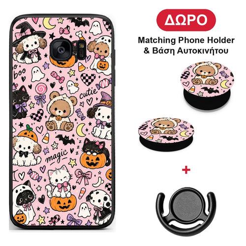Halloween Cute Animals on Pink - Samsung Galaxy S7 θήκη + Δώρο Phone Holder & Βάση Αυτοκινήτου