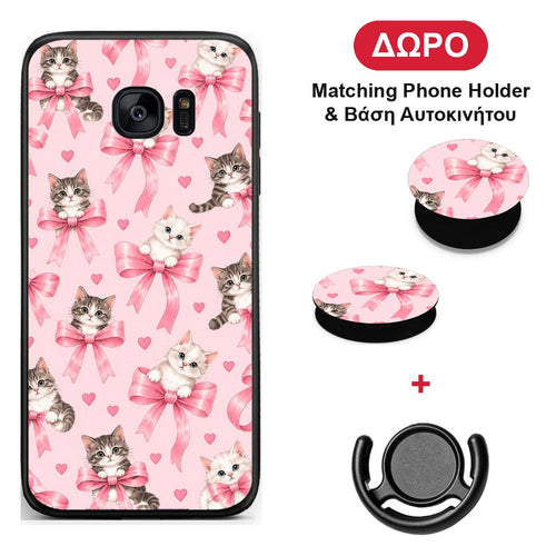 Kittens and Pink Bows on Pink - Samsung Galaxy S7 θήκη + Δώρο Phone Holder & Βάση Αυτοκινήτου