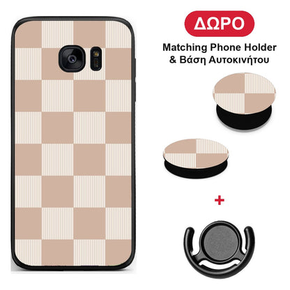 Latte and Cream Striped Checks - Samsung Galaxy S7 θήκη + Δώρο Phone Holder & Βάση Αυτοκινήτου