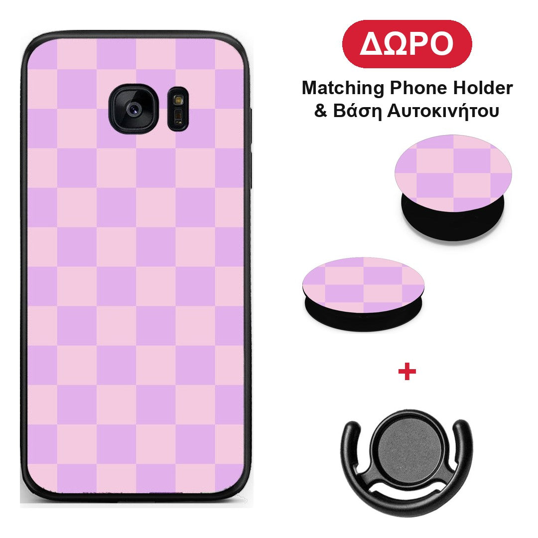 Lavender and Pink Checkerboard - Samsung Galaxy S7 θήκη + Δώρο Phone Holder & Βάση Αυτοκινήτου
