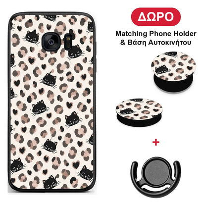 Leopard Spots and Black Cats on Cream - Samsung Galaxy S7 θήκη + Δώρο Phone Holder & Βάση Αυτοκινήτου