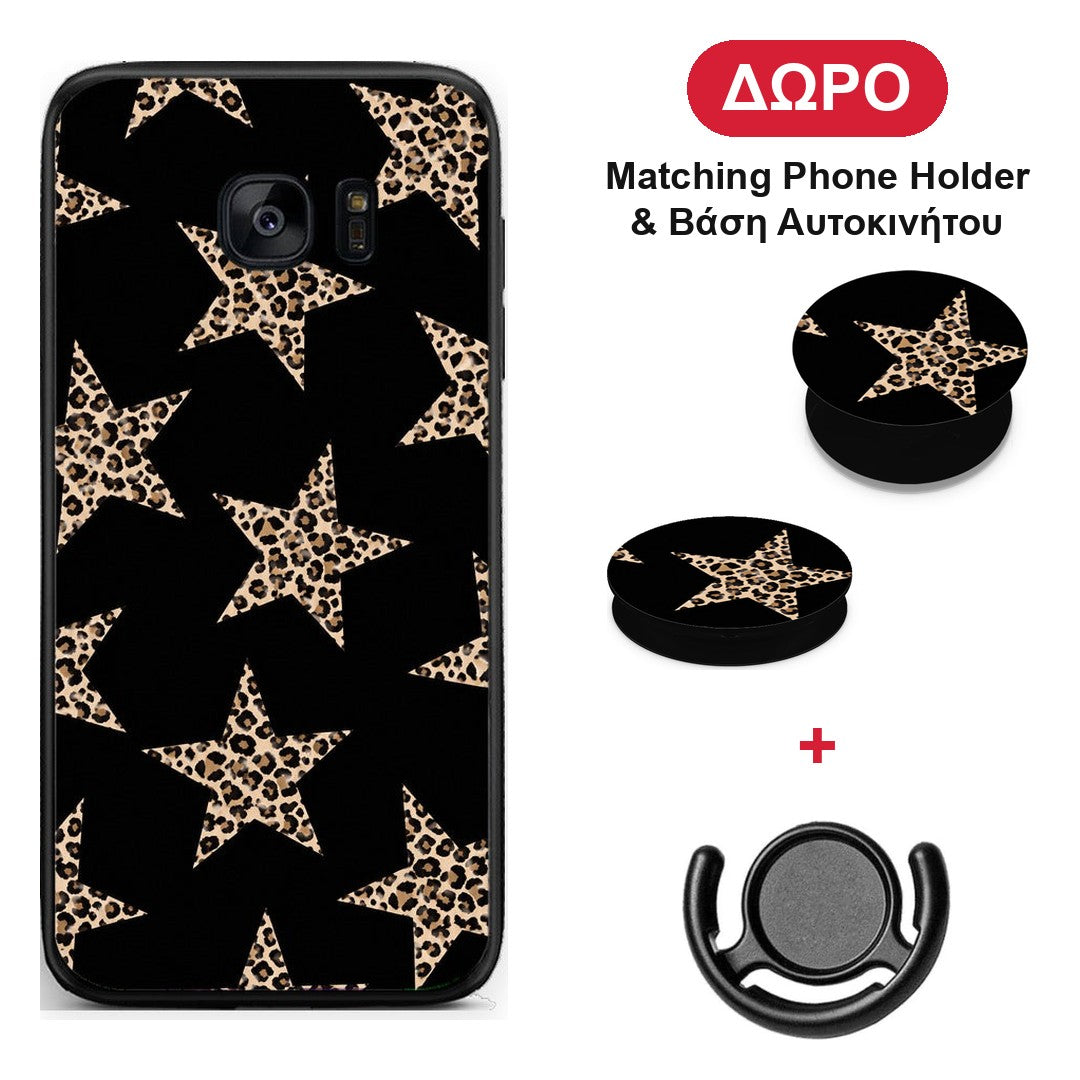 Leopard Stars on Black - Samsung Galaxy S7 θήκη + Δώρο Phone Holder & Βάση Αυτοκινήτου