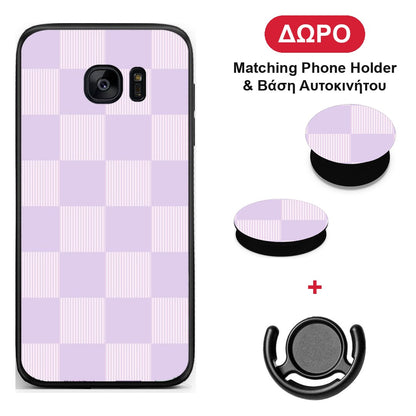 Lilac and Cream Striped Checks - Samsung Galaxy S7 θήκη + Δώρο Phone Holder & Βάση Αυτοκινήτου