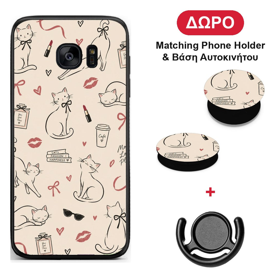 Minimal Cat and Fashion Doodles on Cream - Samsung Galaxy S7 θήκη + Δώρο Phone Holder & Βάση Αυτοκινήτου
