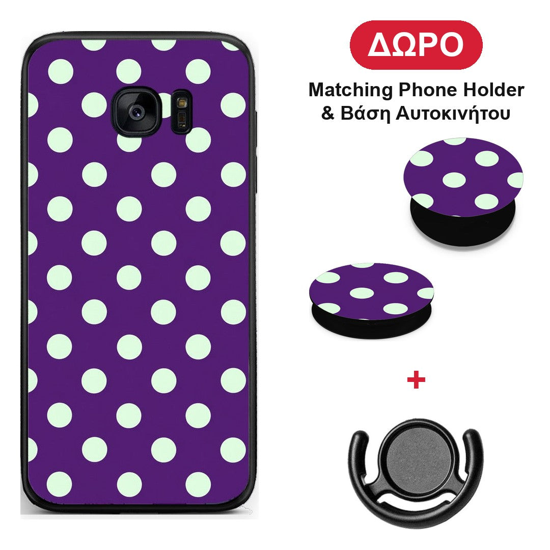 Mint Polka Dots on Purple - Samsung Galaxy S7 θήκη + Δώρο Phone Holder & Βάση Αυτοκινήτου