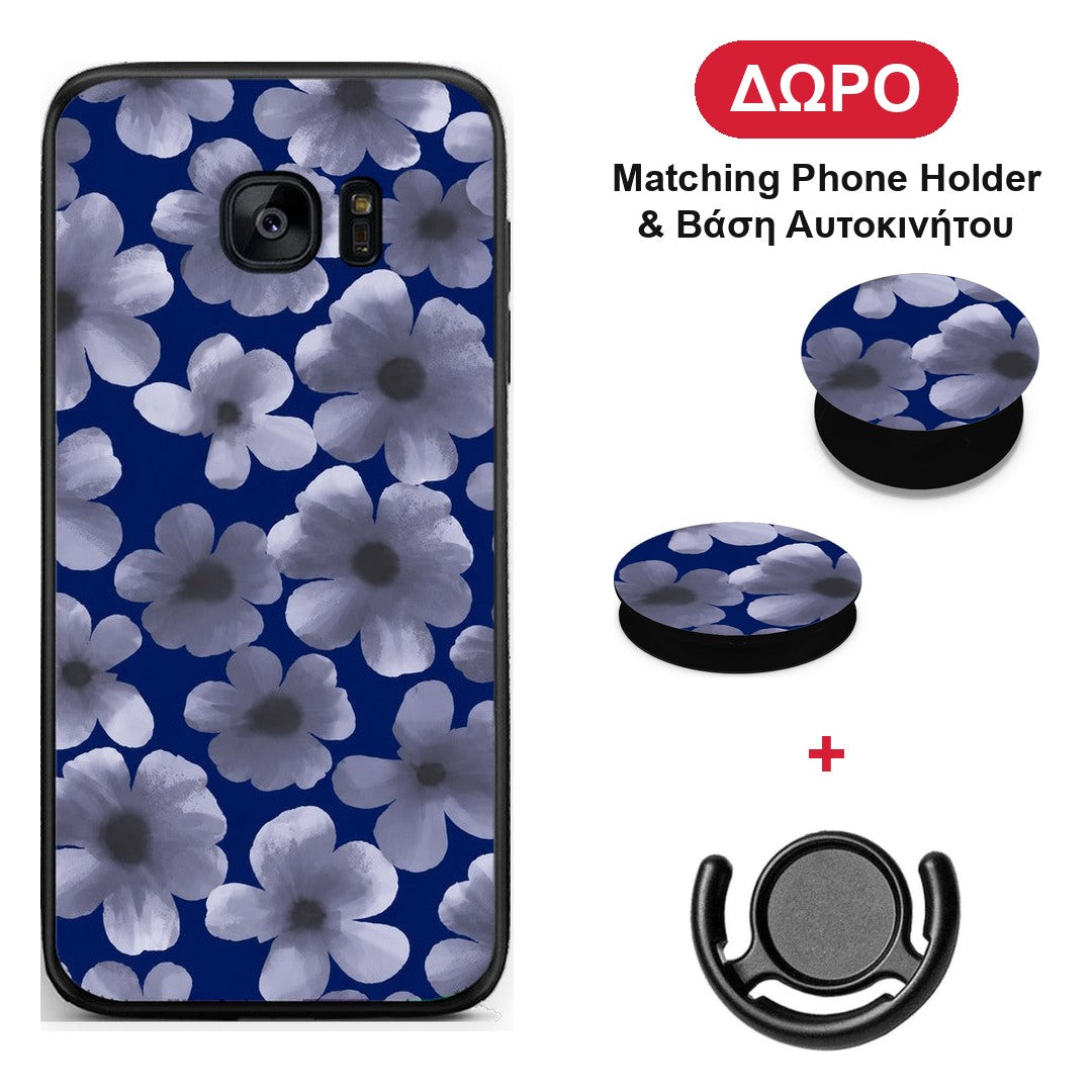 Pale Blue Flowers on Navy - Samsung Galaxy S7 θήκη + Δώρο Phone Holder & Βάση Αυτοκινήτου