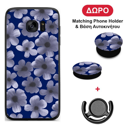 Pale Blue Flowers on Navy - Samsung Galaxy S7 θήκη + Δώρο Phone Holder & Βάση Αυτοκινήτου