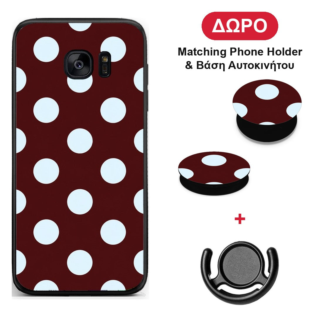 Pale Blue Large Polka Dots on Burgundy - Samsung Galaxy S7 θήκη + Δώρο Phone Holder & Βάση Αυτοκινήτου