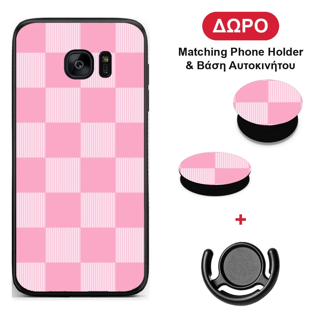 Pink and White Striped Checks - Samsung Galaxy S7 θήκη + Δώρο Phone Holder & Βάση Αυτοκινήτου