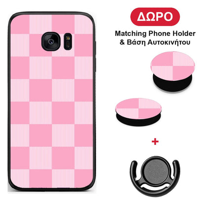 Pink and White Striped Checks - Samsung Galaxy S7 θήκη + Δώρο Phone Holder & Βάση Αυτοκινήτου