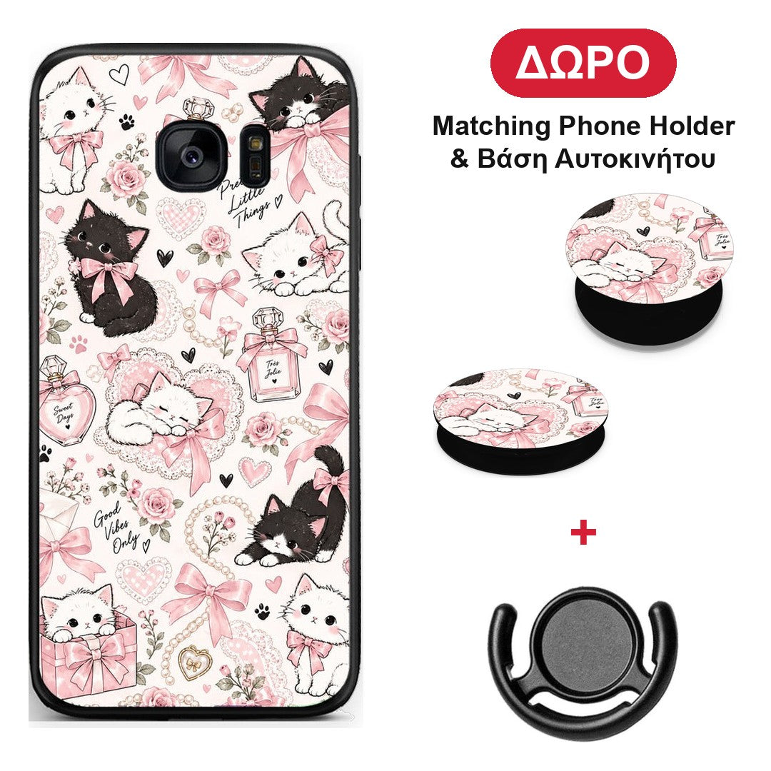 Pink Bows and Kittens Collage - Samsung Galaxy S7 θήκη + Δώρο Phone Holder & Βάση Αυτοκινήτου