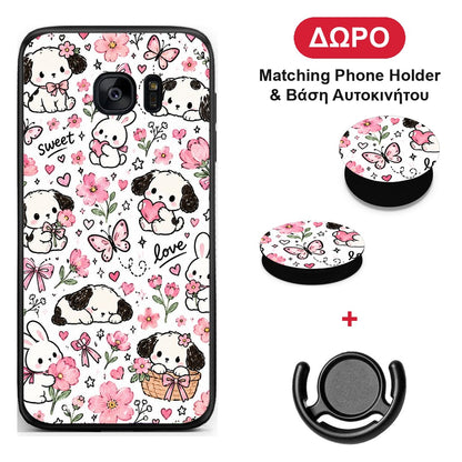 Pink Florals Puppies and Bunnies on White - Samsung Galaxy S7 θήκη + Δώρο Phone Holder & Βάση Αυτοκινήτου