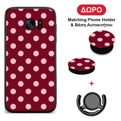 Pink Polka Dots on Burgundy - Samsung Galaxy S7 θήκη + Δώρο Phone Holder & Βάση Αυτοκινήτου