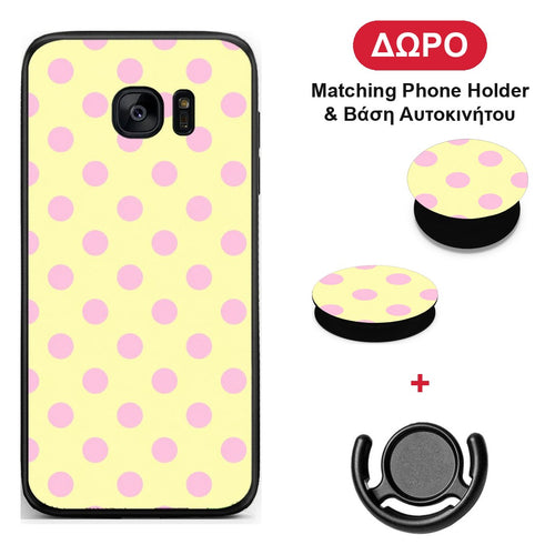 Pink Polka Dots on Yellow - Samsung Galaxy S7 θήκη + Δώρο Phone Holder & Βάση Αυτοκινήτου