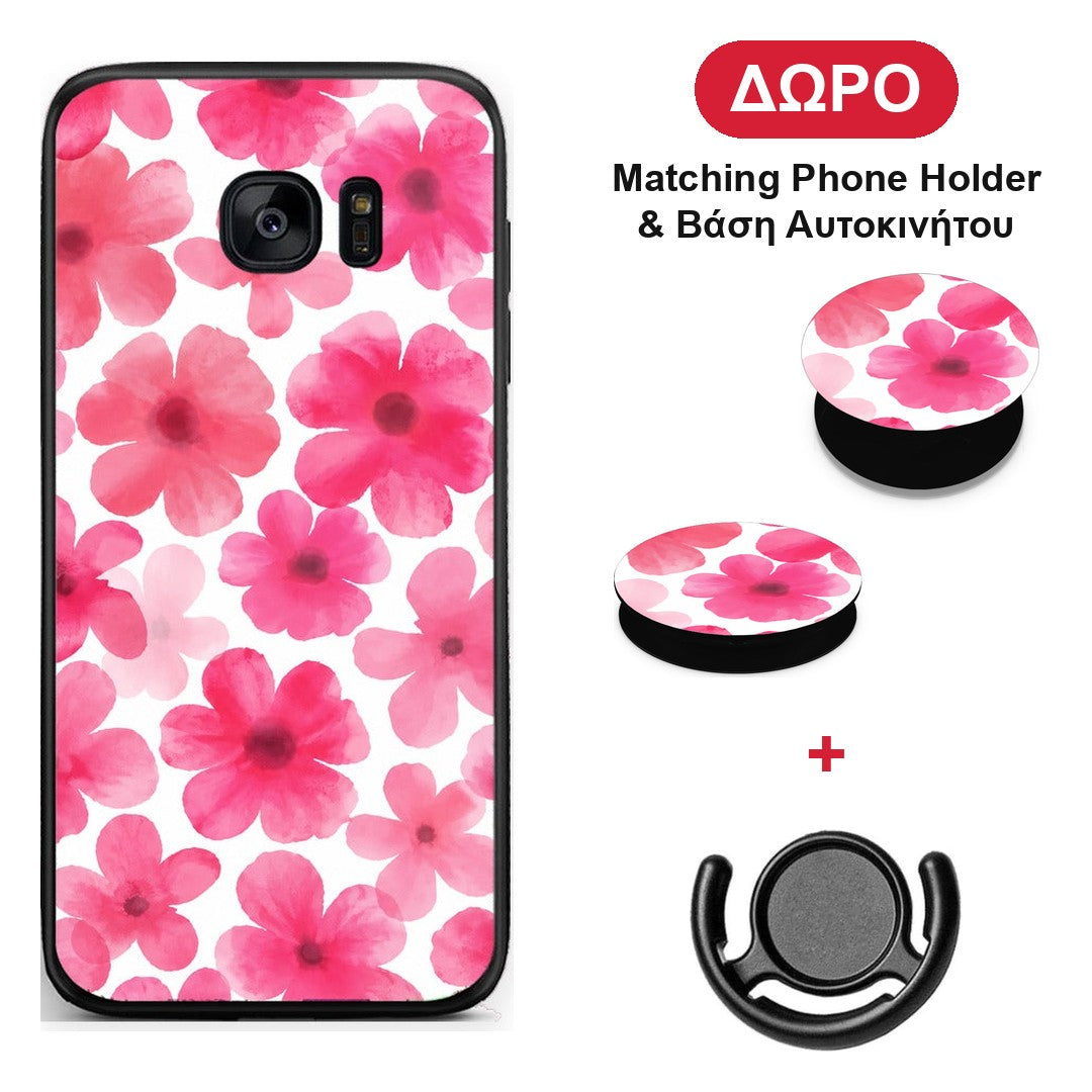 Pink Watercolour Flowers on White - Samsung Galaxy S7 θήκη + Δώρο Phone Holder & Βάση Αυτοκινήτου