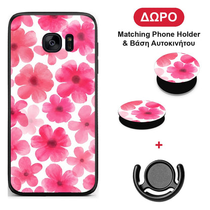 Pink Watercolour Flowers on White - Samsung Galaxy S7 θήκη + Δώρο Phone Holder & Βάση Αυτοκινήτου