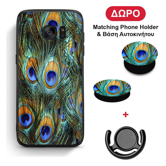 Real Peacock Feathers - Samsung Galaxy S7 θήκη + Δώρο Phone Holder & Βάση Αυτοκινήτου