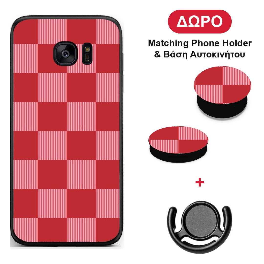 Red and Pink Striped Checks - Samsung Galaxy S7 θήκη + Δώρο Phone Holder & Βάση Αυτοκινήτου
