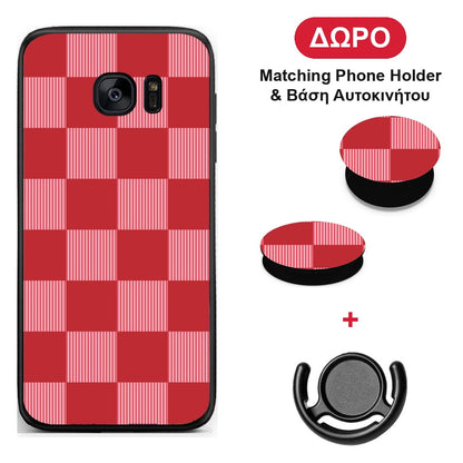 Red and Pink Striped Checks - Samsung Galaxy S7 θήκη + Δώρο Phone Holder & Βάση Αυτοκινήτου