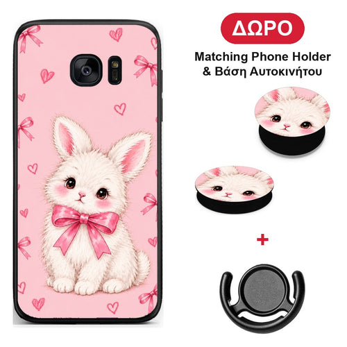 White Bunny and Pink Bows - Samsung Galaxy S7 θήκη + Δώρο Phone Holder & Βάση Αυτοκινήτου