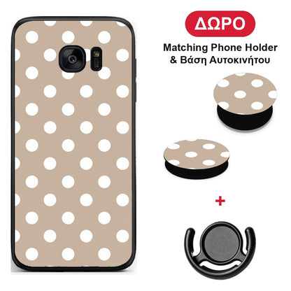 White Polka Dots on Taupe - Samsung Galaxy S7 θήκη + Δώρο Phone Holder & Βάση Αυτοκινήτου
