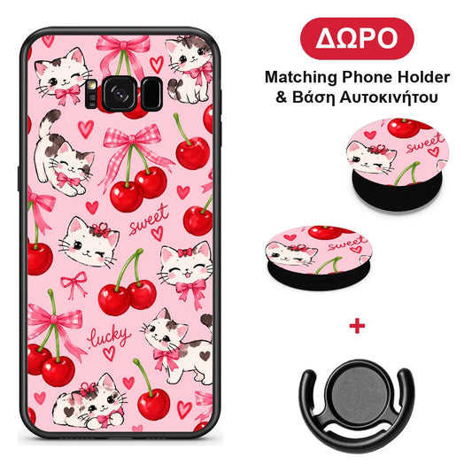 Cherries Bows and Kittens on Pink - Samsung Galaxy S8 θήκη + Δώρο Phone Holder & Βάση Αυτοκινήτου