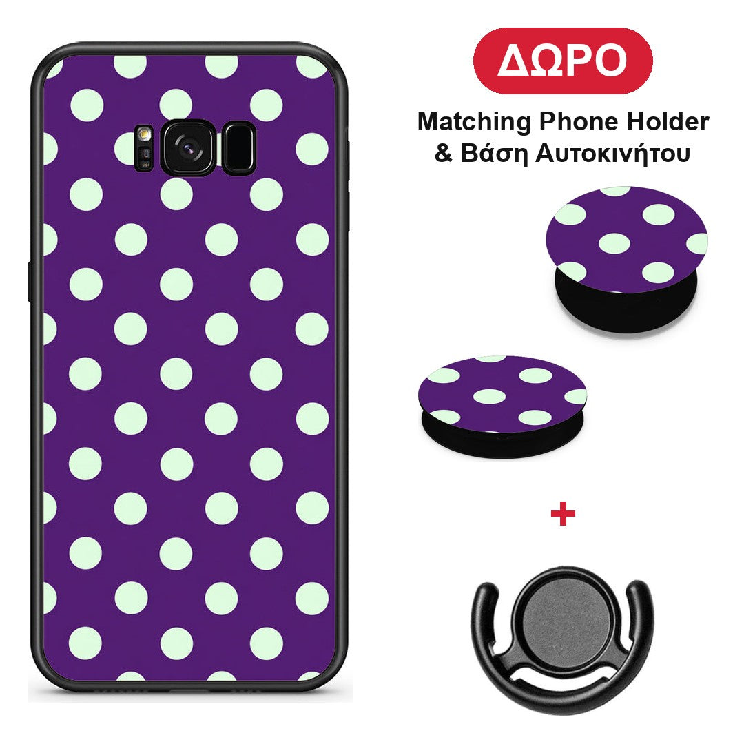Mint Polka Dots on Purple - Samsung Galaxy S8 θήκη + Δώρο Phone Holder & Βάση Αυτοκινήτου