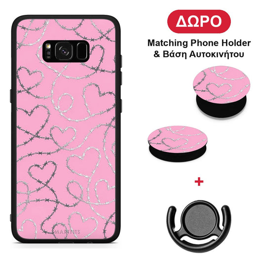 Barbed Wire Hearts on Pink - Samsung Galaxy S8+ θήκη + Δώρο Phone Holder & Βάση Αυτοκινήτου