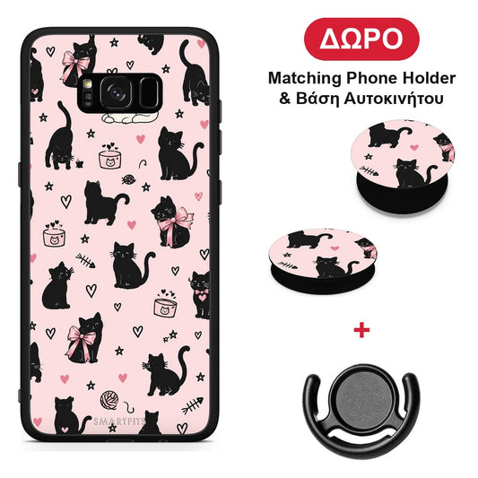 Black Cat Doodles on Pink - Samsung Galaxy S8+ θήκη + Δώρο Phone Holder & Βάση Αυτοκινήτου