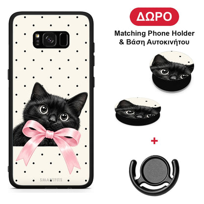 Black Kitten Pink Bow and Polka Dots - Samsung Galaxy S8+ θήκη + Δώρο Phone Holder & Βάση Αυτοκινήτου