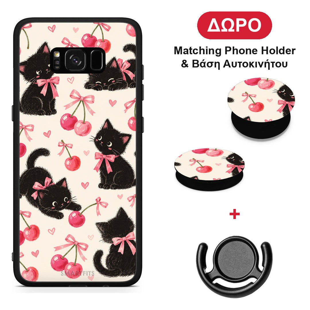 Black Kittens and Cherries on Cream - Samsung Galaxy S8+ θήκη + Δώρο Phone Holder & Βάση Αυτοκινήτου