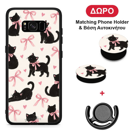 Black Kittens and Pink Bows on Cream Large - Samsung Galaxy S8+ θήκη + Δώρο Phone Holder & Βάση Αυτοκινήτου
