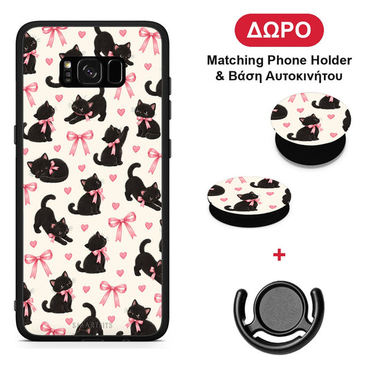 Black Kittens and Pink Bows on Cream Small - Samsung Galaxy S8+ θήκη + Δώρο Phone Holder & Βάση Αυτοκινήτου
