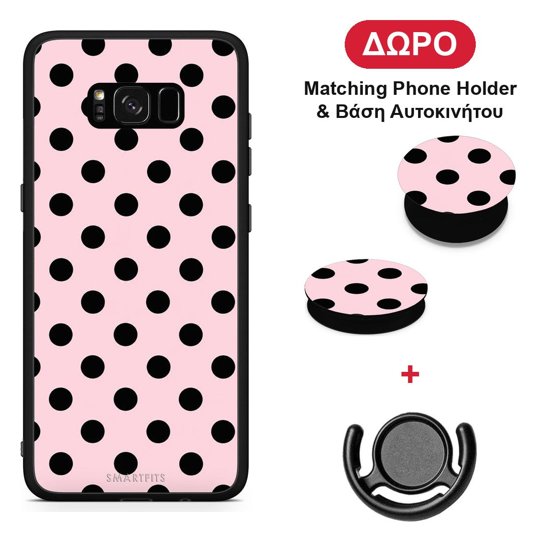 Black Polka Dots on Pink - Samsung Galaxy S8+ θήκη + Δώρο Phone Holder & Βάση Αυτοκινήτου